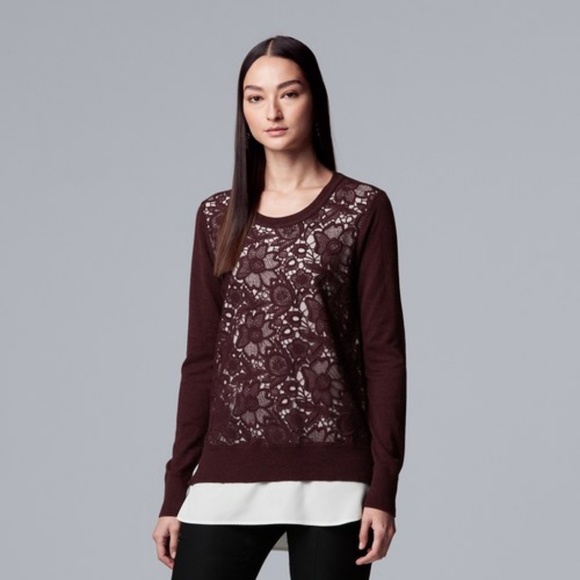 Simply Vera Vera Wang Sweaters - Womens Maroon Sweater Mock Layered Lace Overlay